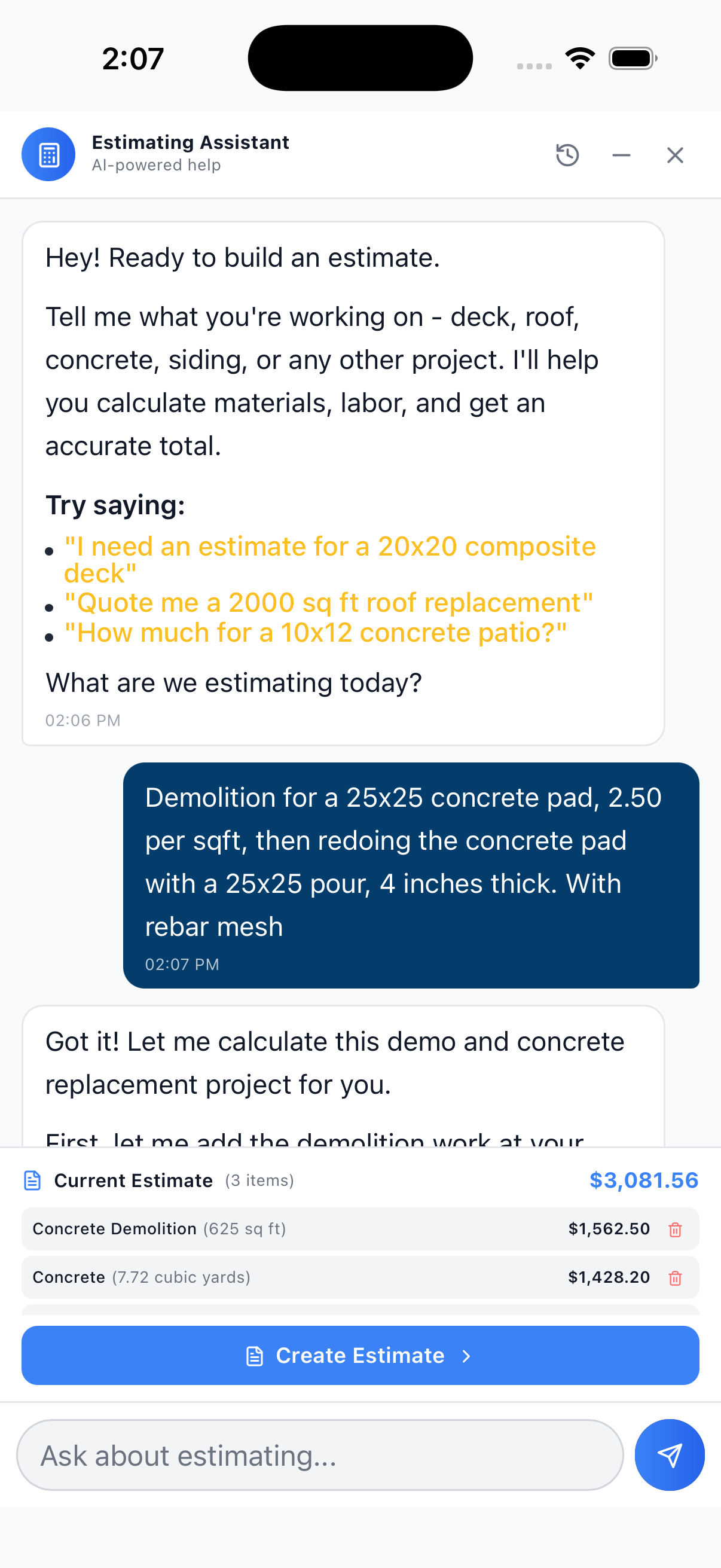 AI estimating assistant on iOS