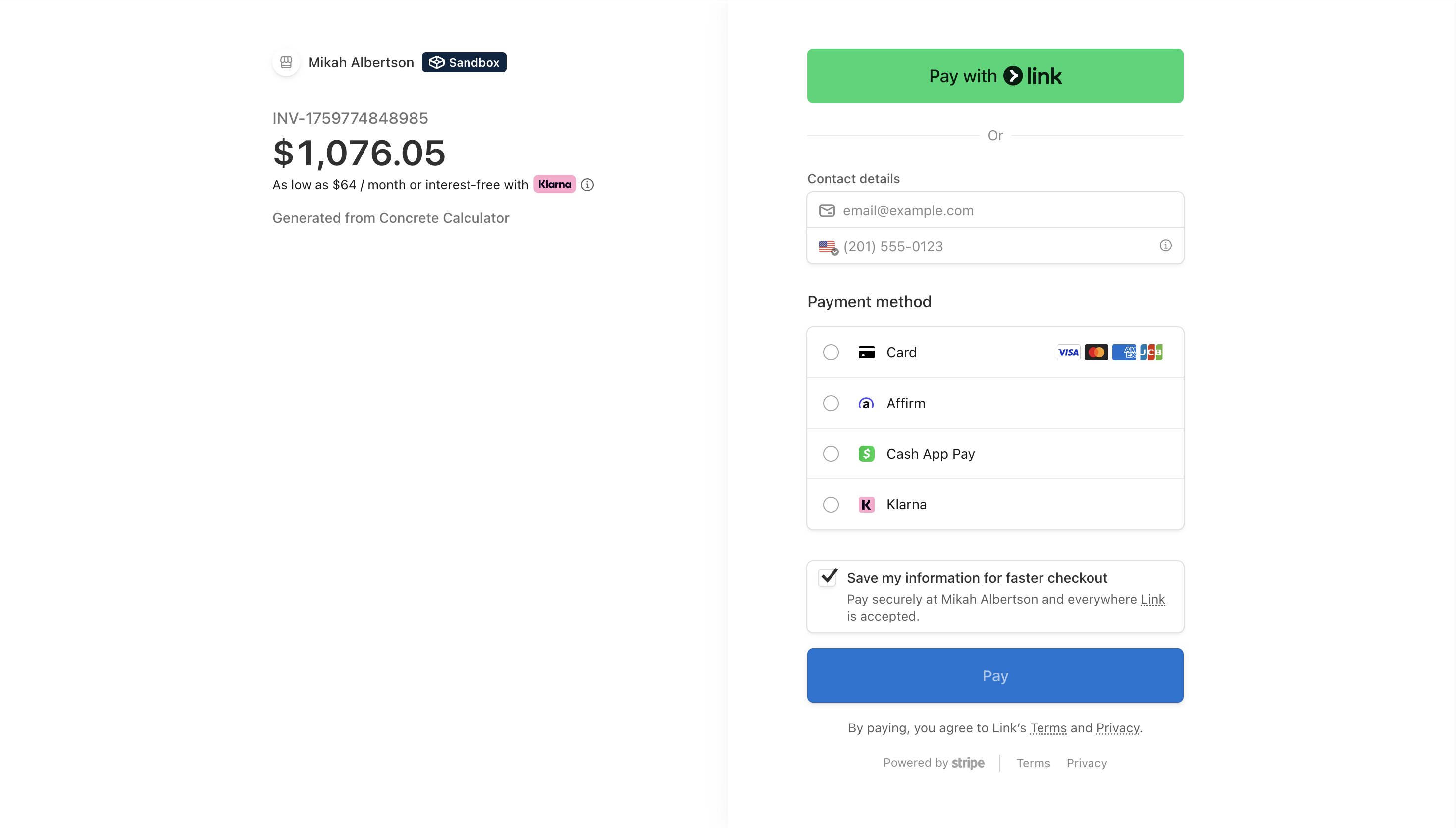 Customer-facing payment page with preapproval options and multiple payment methods