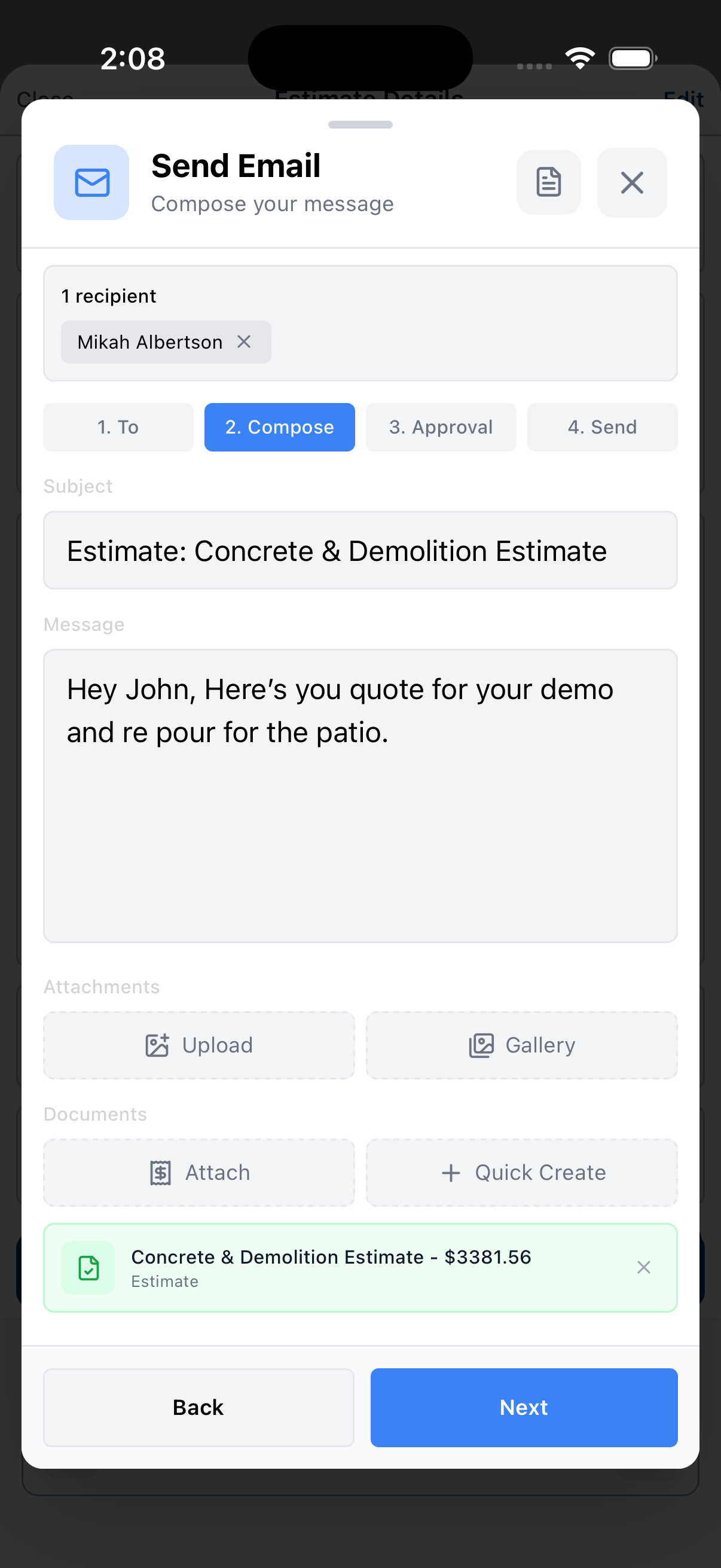 Email estimate composer on iOS