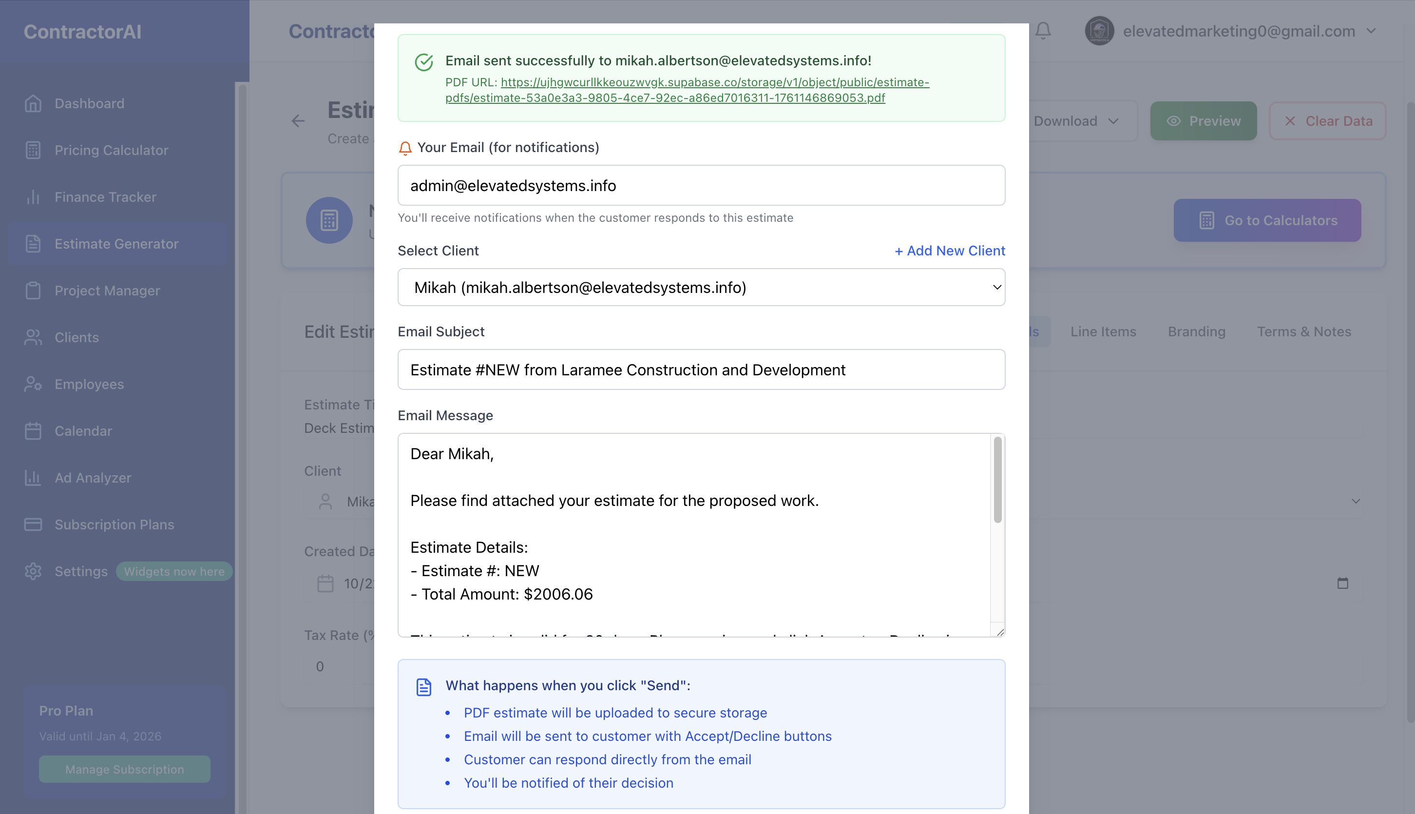 Professional email delivery system for sending estimates and invoices to customers