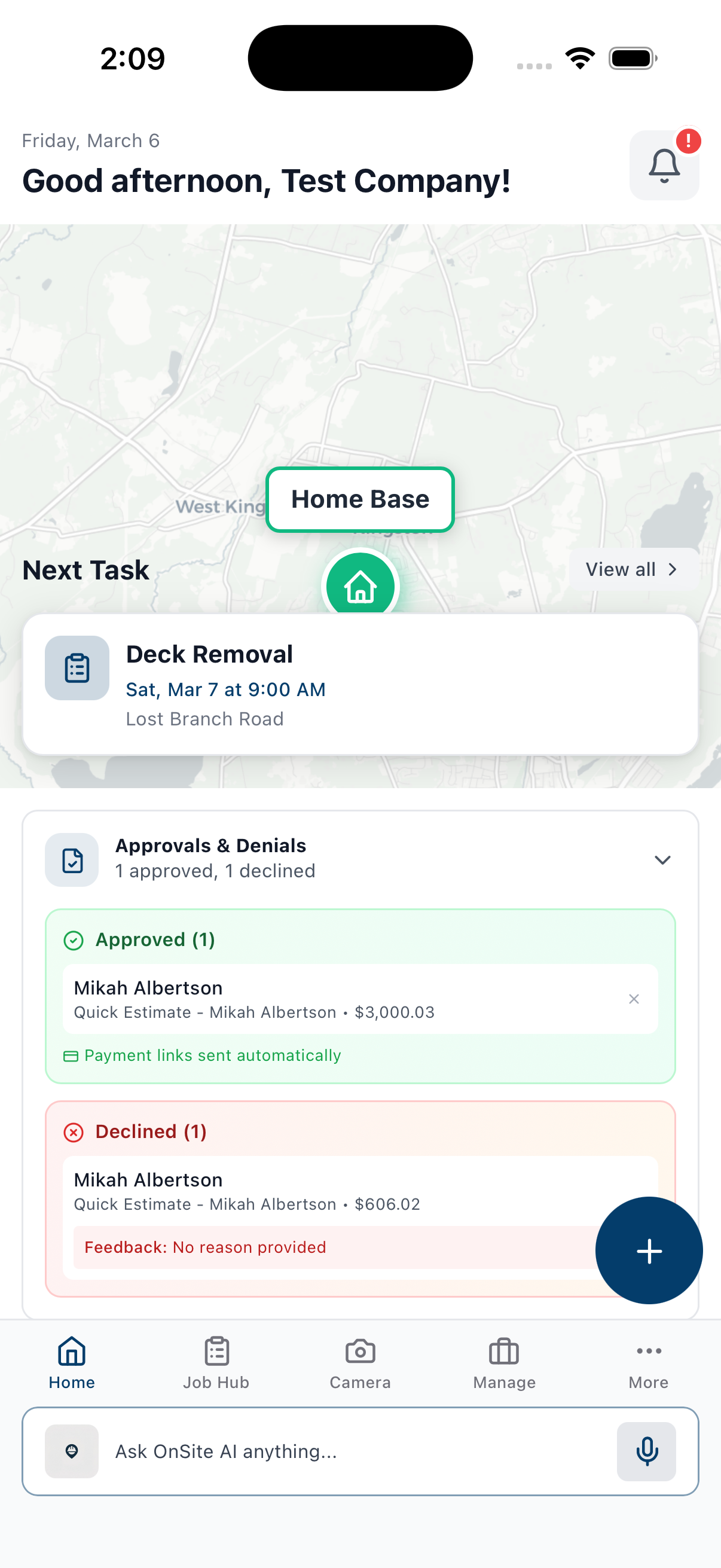OnSite home dashboard on iOS