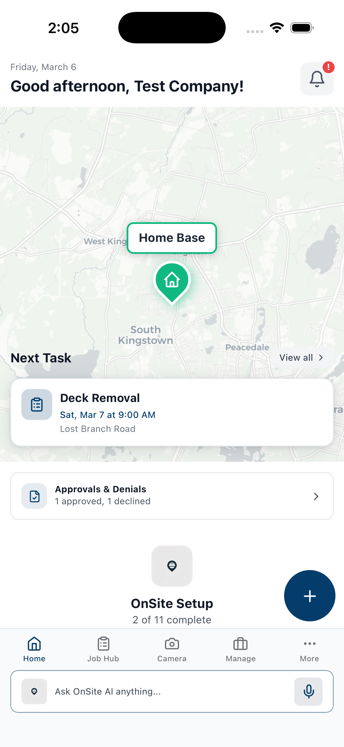 Home dashboard with map view showing Home Base location and next scheduled task