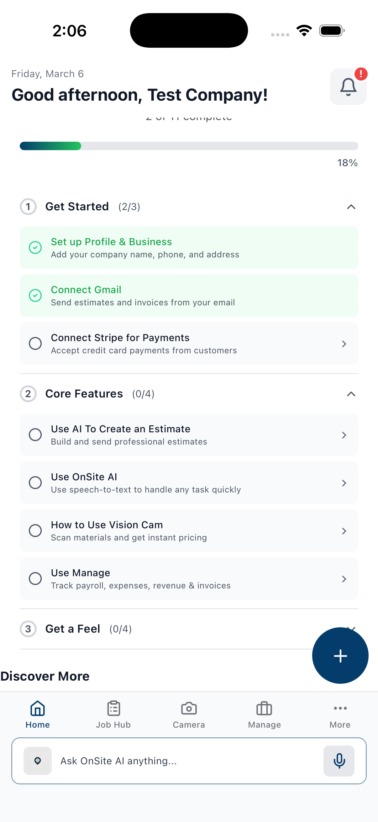 OnSite guided setup wizard with progress tracking and step-by-step feature walkthrough