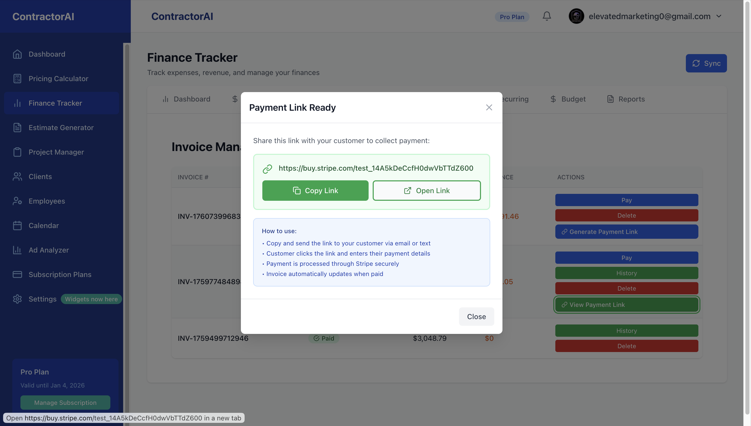 Instant payment link generation interface for quick invoice payments