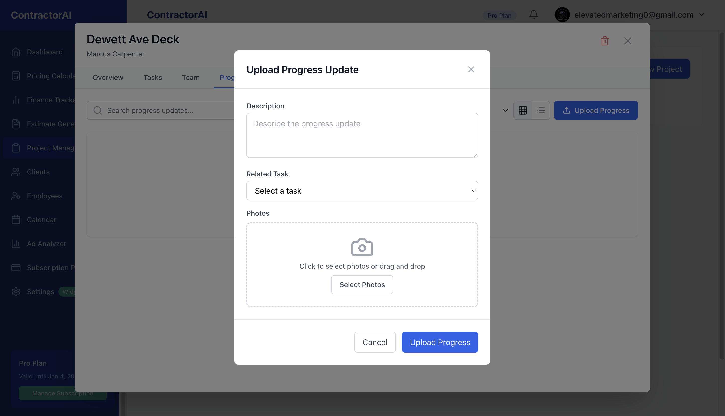 Job site photo documentation system with before/after comparisons and progress tracking