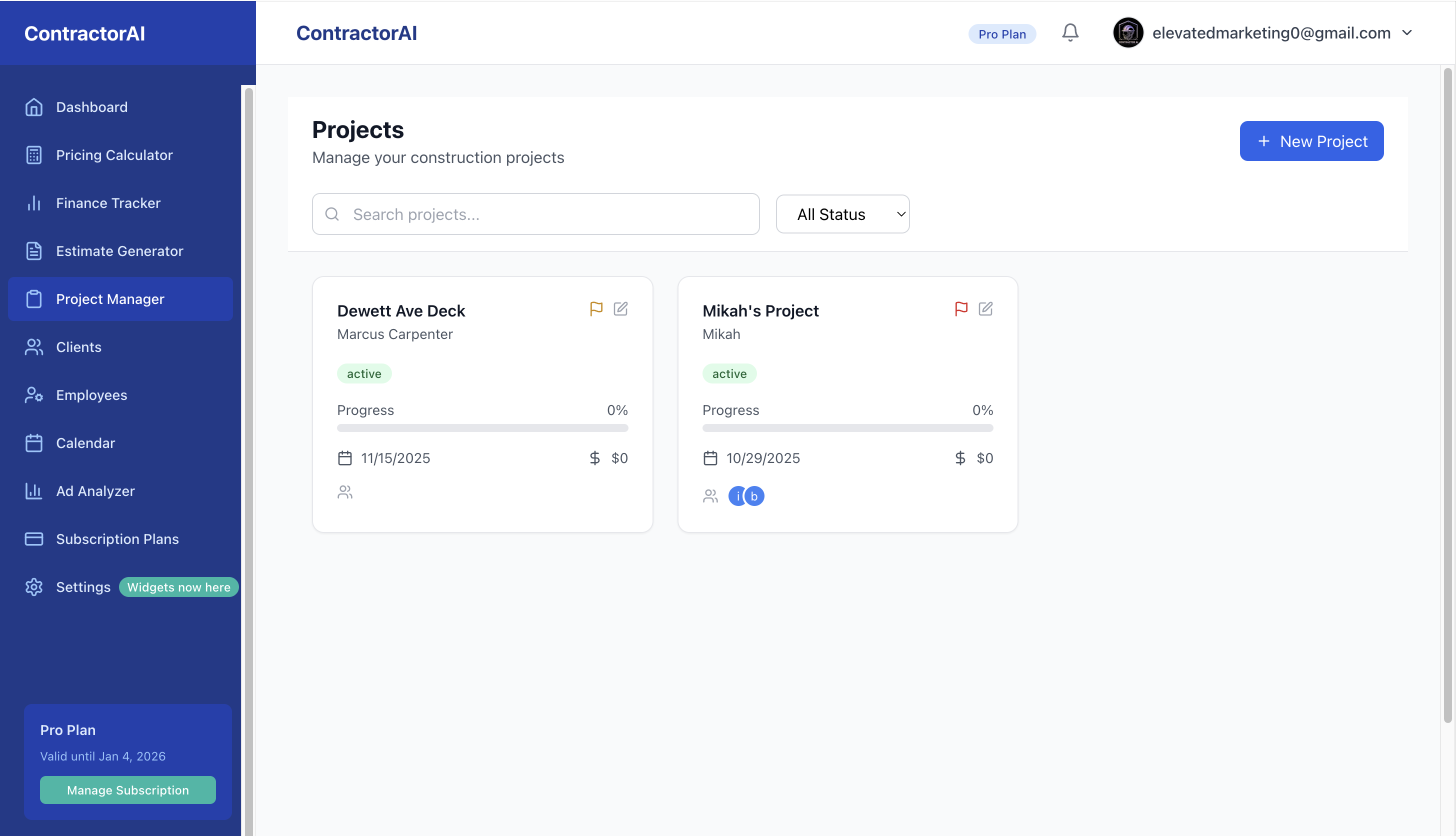 Complete project tracking interface with budget management, timeline tracking, and financial overview