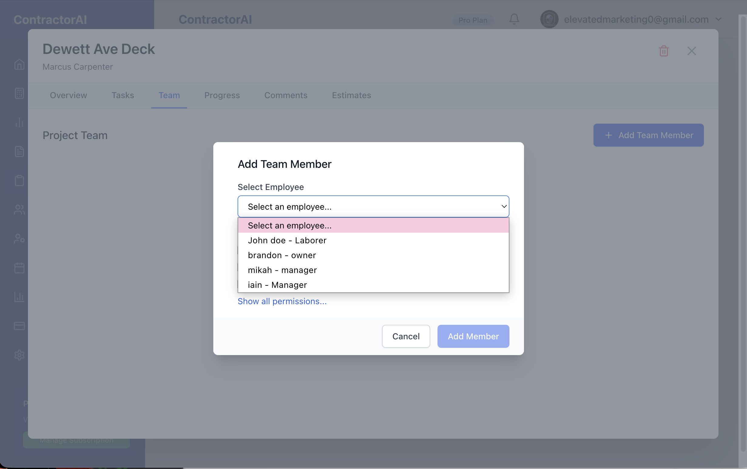 Team member assignment interface showing employee roles and project allocations