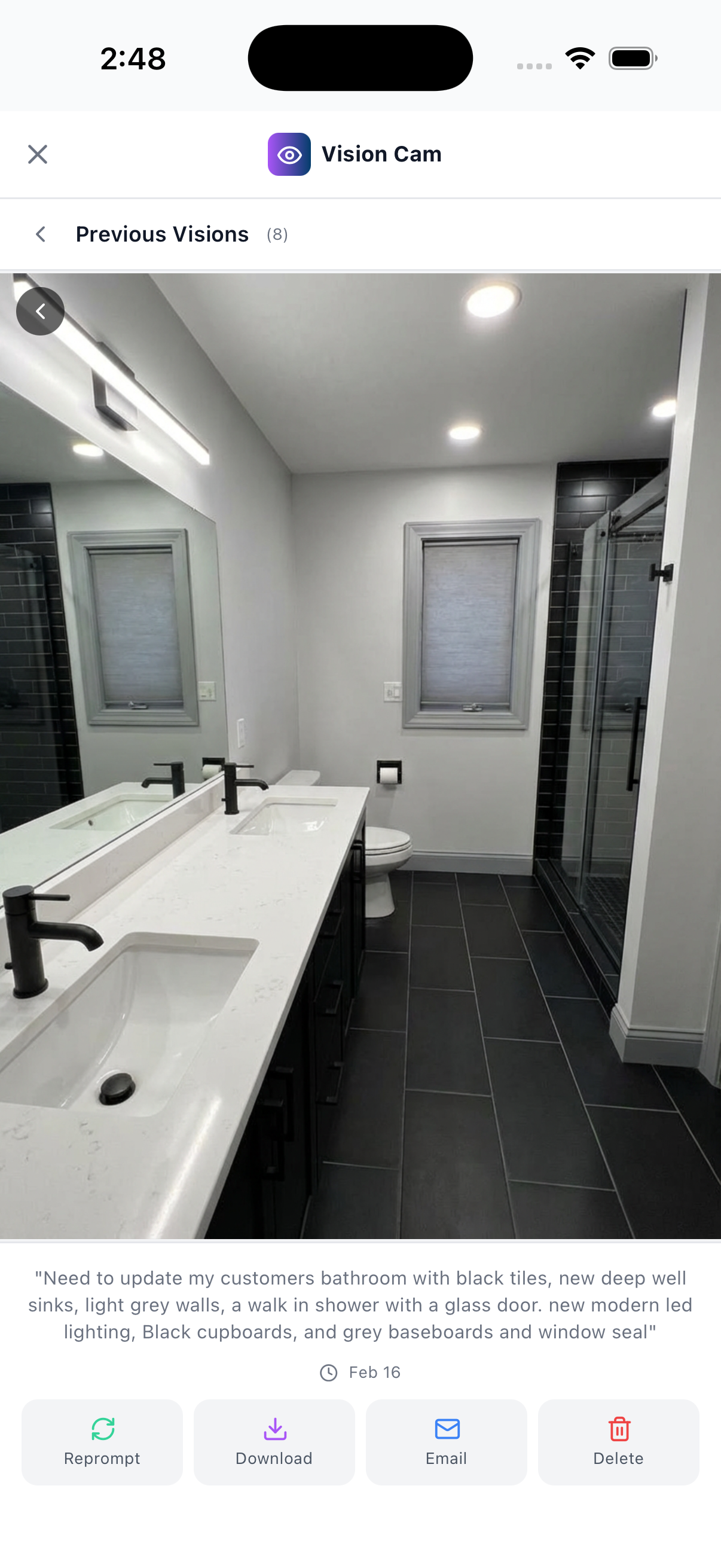 Vision Cam AI-generated bathroom renovation visualization with black tiles and glass shower