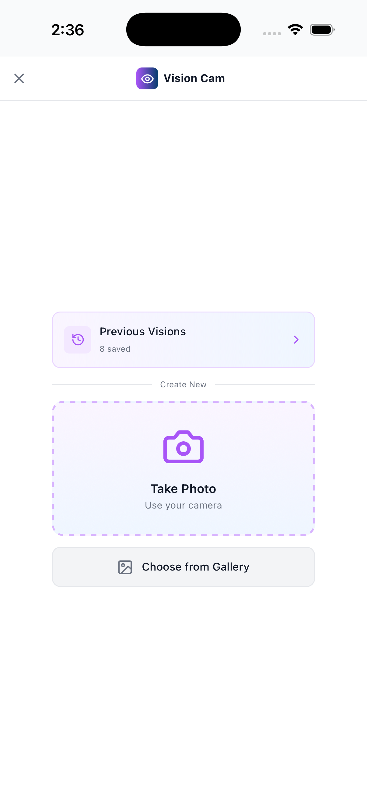 Vision Cam interface with Take Photo and Choose from Gallery options
